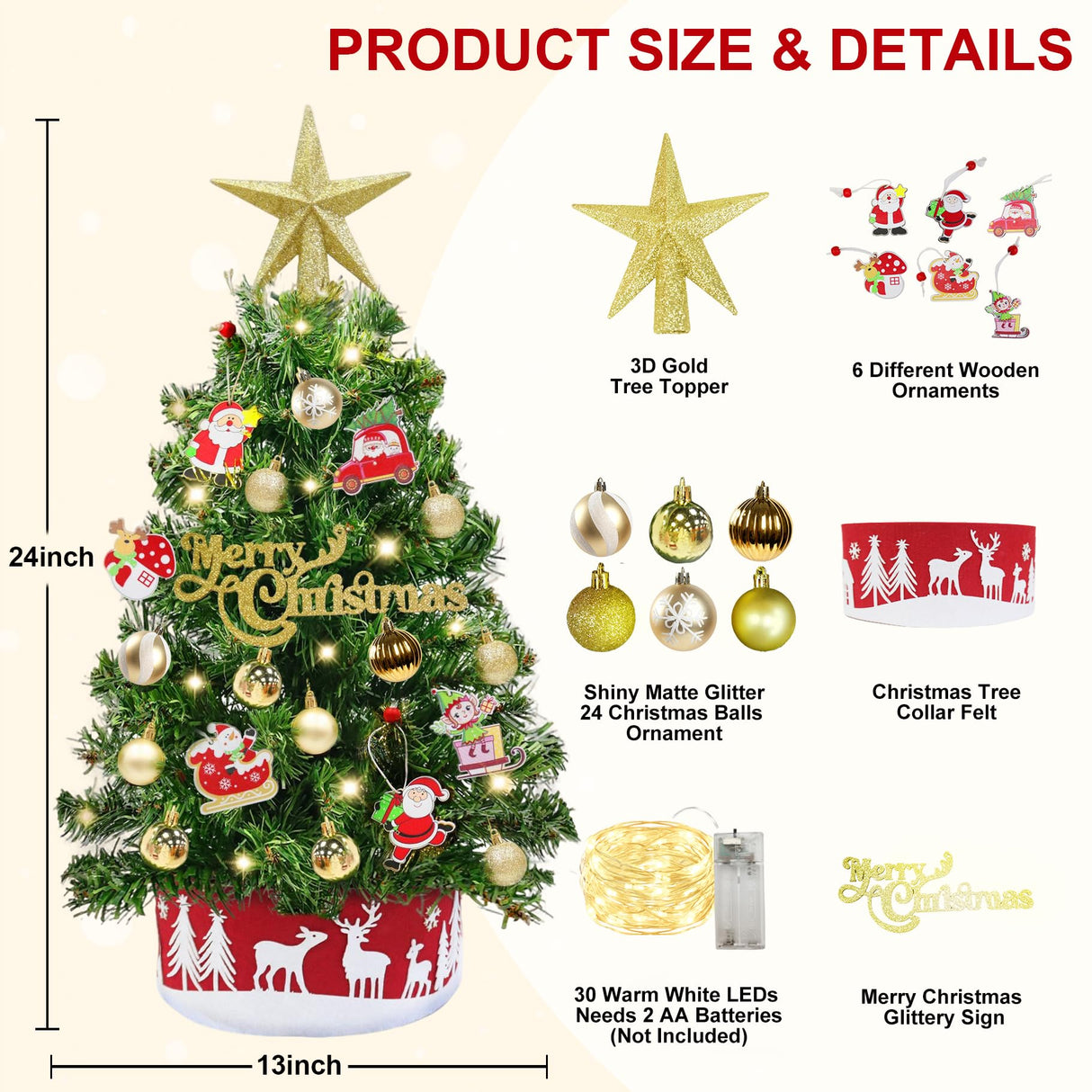 Grandeal 24" /2FT Mini Christmas Tree with Lights Timer 30 LEDs & 34 Ornaments, Small Tabletop Christmas Trees Artificial Christmas Decorations for Indoor Desk Room Office Home Decor Xmas Grandeal