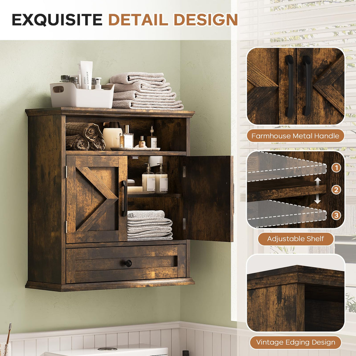 Bathroom Wall Cabinet, Wall Mounted Medicine Cabinet with Drawer, Barn Door & Adjustable Shelf, 24.4"H x 23.6"W x 9"D Rustic Brown Over Toilet Farmhouse Storage Cabinet for Kitchen, Laundry, Entryway Viroformo