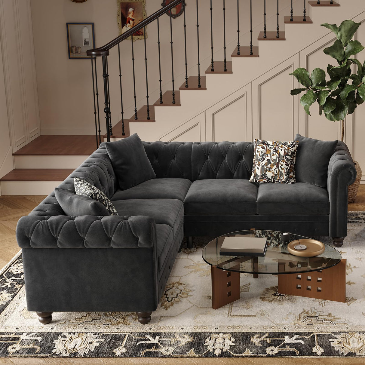 ONBRILL Chesterfield L Shaped Sofa, Velvet Sectional Couches for Living Room, Tufted Corner Couch with Rolled Arms, 3 Throw Pillows, Comfy L Shaped Sectional Sofa for Apartment, Black ONBRILL