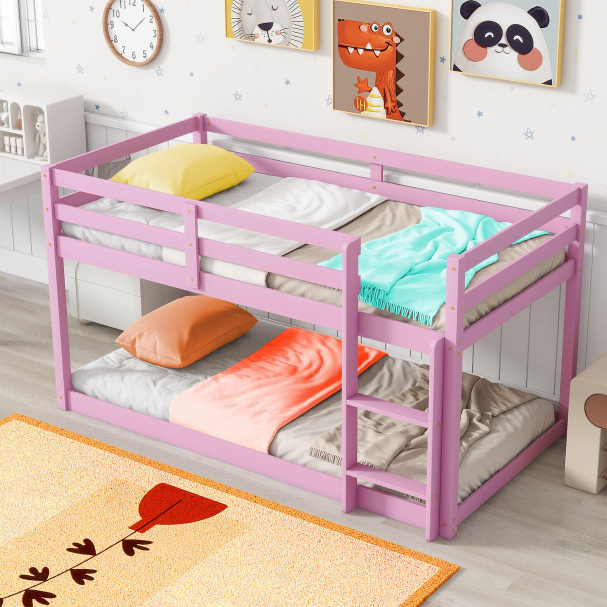 Anwick Twin Over Twin Low Bunk Bed with Stairs and Rails, Wooden Bunk Beds Frame with Safety Guardrail and Slats for Toddlers, Kids, Teens, Boys, Girls, Noise-Free (Pink) Anwick