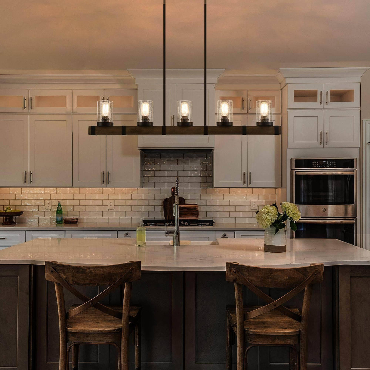 LALUZ 5-Light Kitchen Island Lighting, Farmhouse Wood Linear Dining Room Chandelier Over Table with Seeded Glass Shade, 42.9'' Large Rustic Wooden Chandeliers Light Fixtures for Dining Room LALUZ