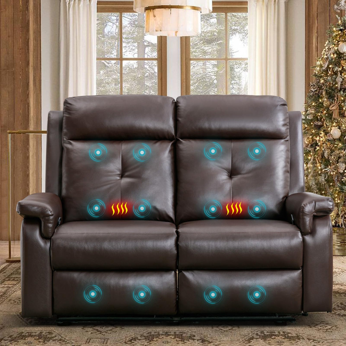 VUYUYU 2 Seater Recliner Sofa - Double Reclining Loveseat with Massage & Heating - PU Leather Home Theater Seating Manual Recliner Motion Living Room Chair (Brown) VUYUYU