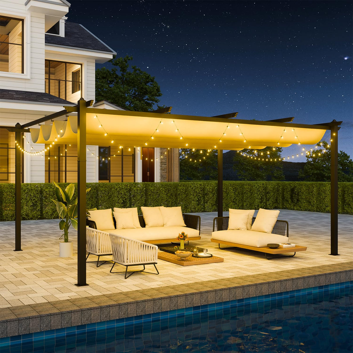 EBE 12'x16' Outdoor Pergola, Metal Patio Pergolas, Heavy Duty Retractable Awning Pergola Sun Shade Canopy for Decks, Gardens and Backyards, Beige EBE