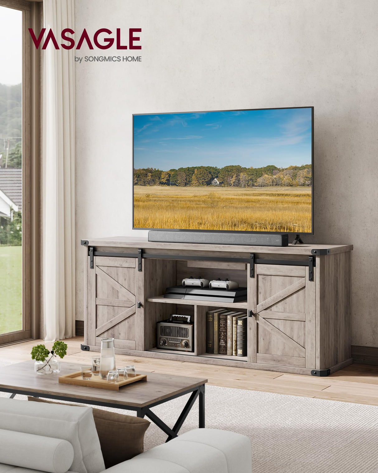 VASAGLE TV Stand for TVs up to 65 Inches, Farmhouse Entertainment Center with Sliding Barn Doors, TV Console Table for Living Room, Heather Greige ULTV324K02 VASAGLE