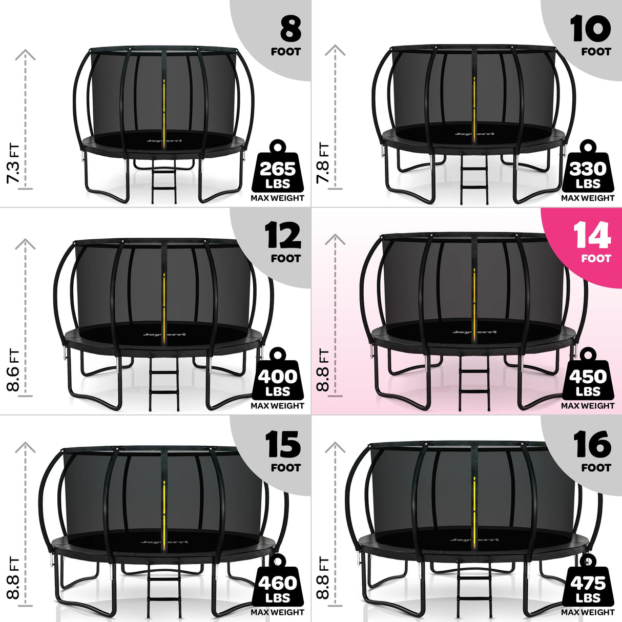 Trampoline for Kids and Adults - 8Ft 10Ft 12Ft 14FT Trampoline with Net - with Bonus Sprinkler and LED Lights/ASTM Certified/Extra Sturdy Recreational Outdoor Trampolines JOYBERRI