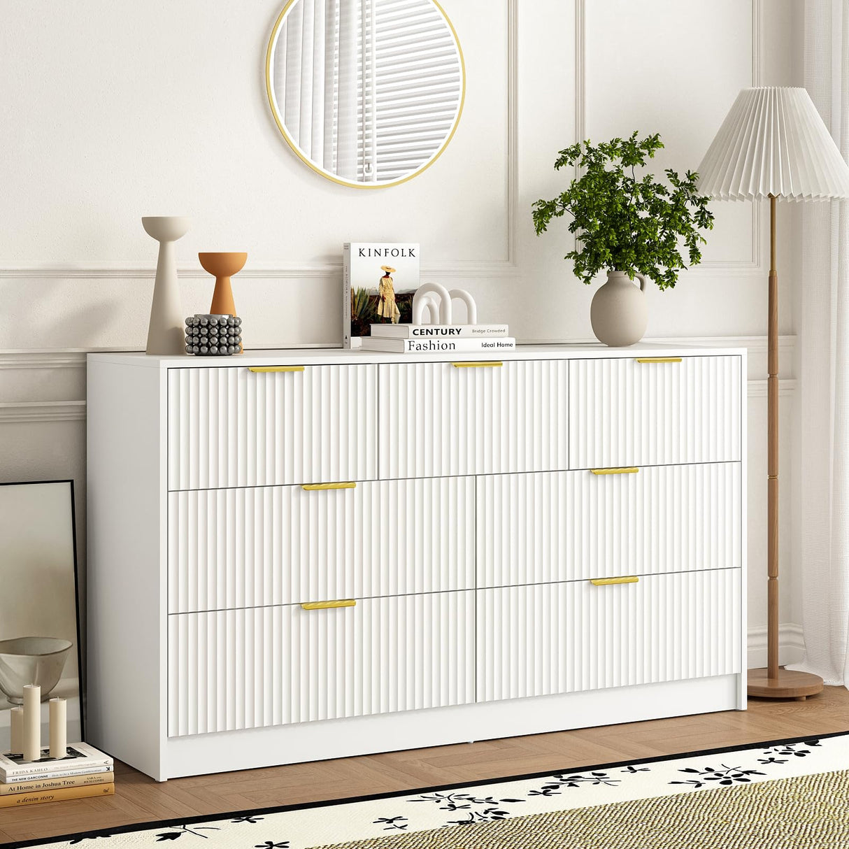 Sscaktu 7 Drawer Dresser and Nightstand Sets for Bedroom, 3 Pcs Bedroom Set,Night Stand Set of 2 & 7 Drawer Dresser with Gold Handles, Modern Wood Chest of Drawers Storage Cabinet Set, White Sscaktu