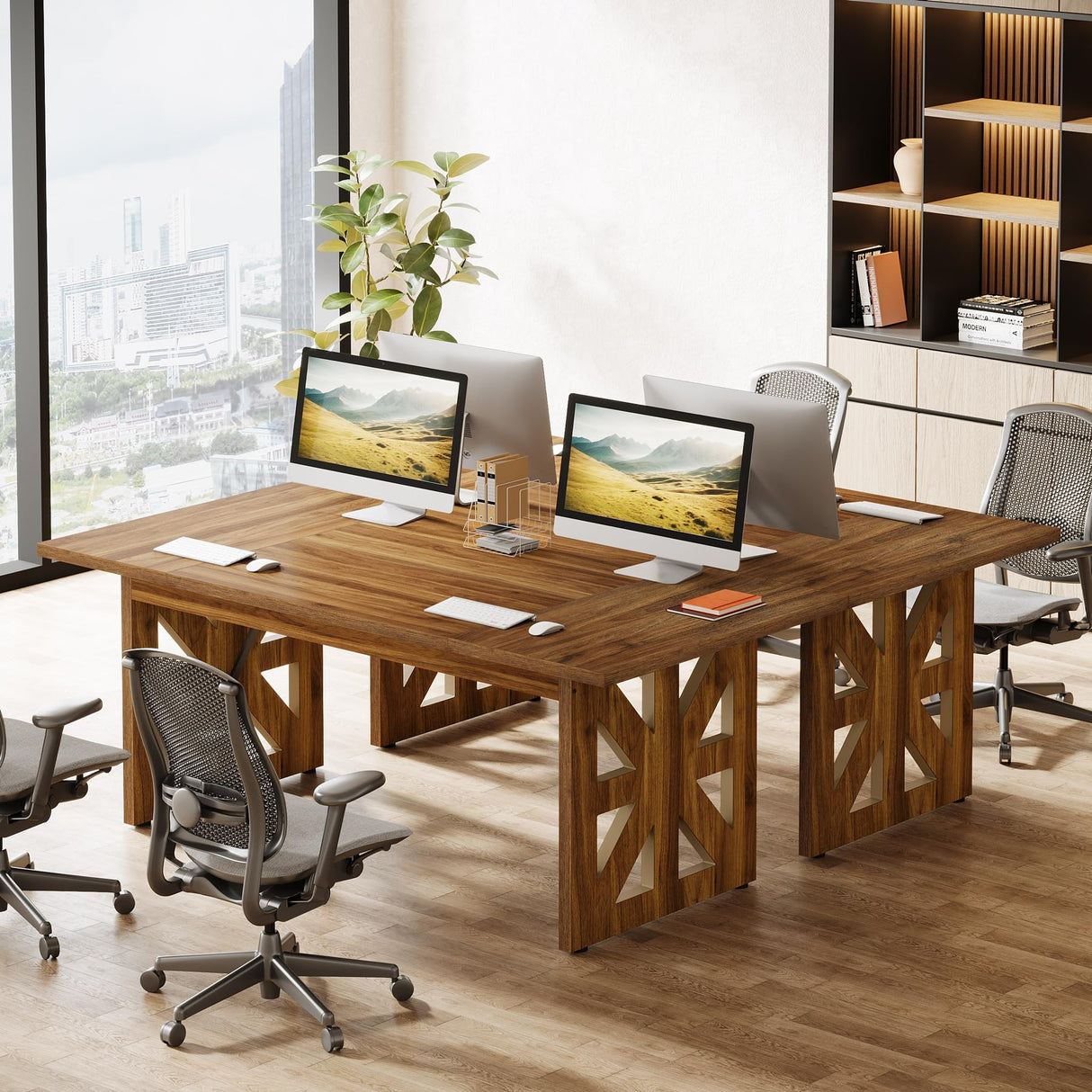 Tribesigns 62.4" Large Executive Desk, Farmhouse Computer Office Desk with Double Robust Pedestal, Rustic Wooden Study Writing Table Workstation for Home Office, Brown Tribesigns