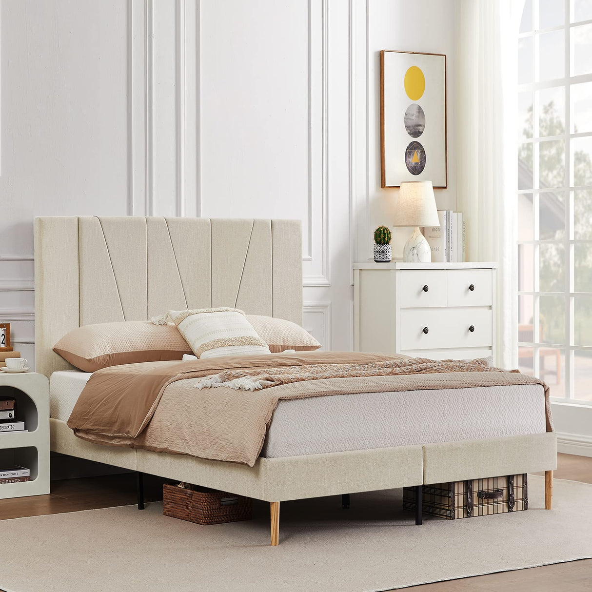 Flolinda Full Size Bed Frame Upholstered Platform with Complete Headboard and Strong Wooden Slats, No Box Spring Needed, Easy Assembly,Beige Flolinda