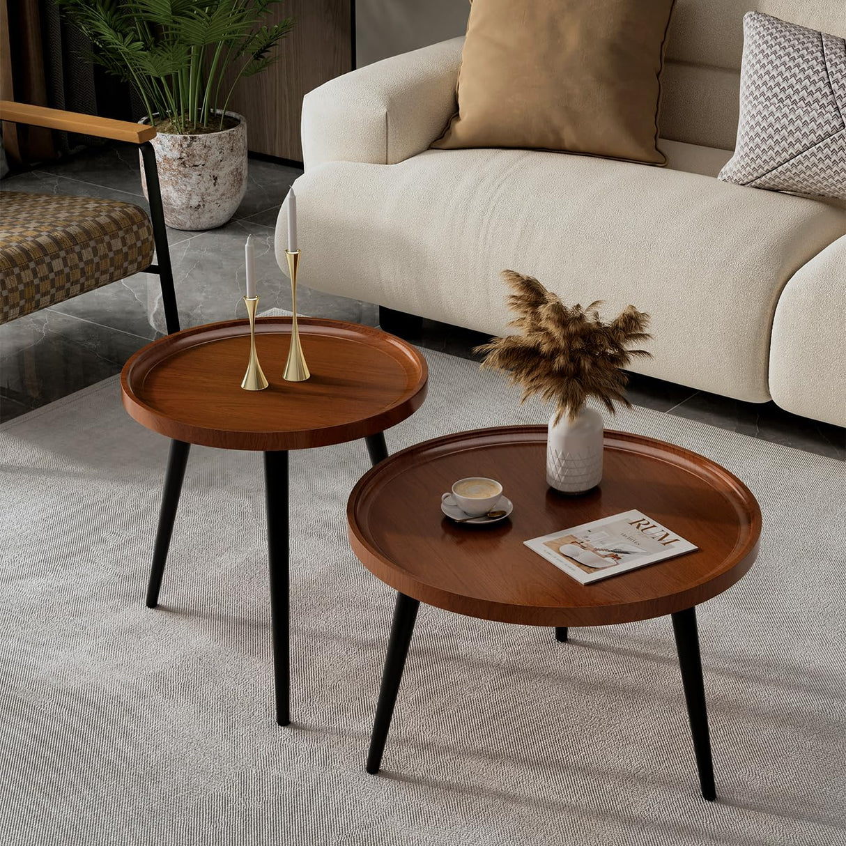 Semjar 2-Piece Mid Century Modern Round Walnut Coffee Table Set for Living Room,Easy Assembly Nesting Coffee Tables,Small Circle Coffee Side Tables for Sofa Bedside Office Balcony Semjar