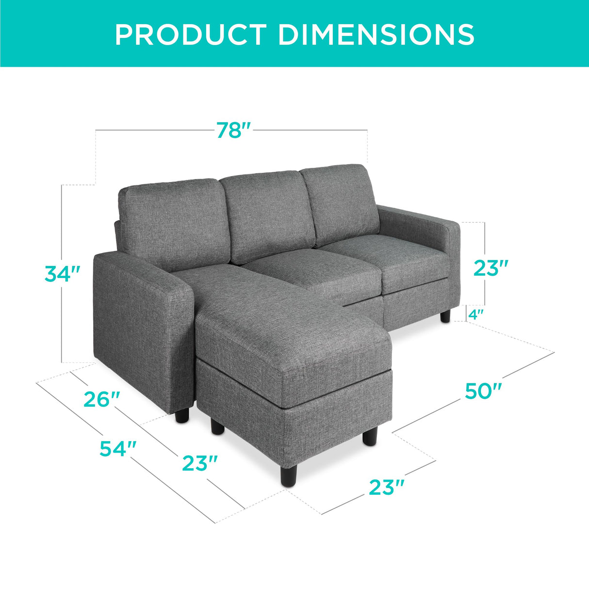 Best Choice Products Upholstered Sectional Sofa for Home, Apartment, Dorm, Bonus Room, Compact Spaces w/Chaise Lounge, 3-Seat, L-Shape Design, Reversible Ottoman Bench, 680lb Capacity - Gray Best Choice Products
