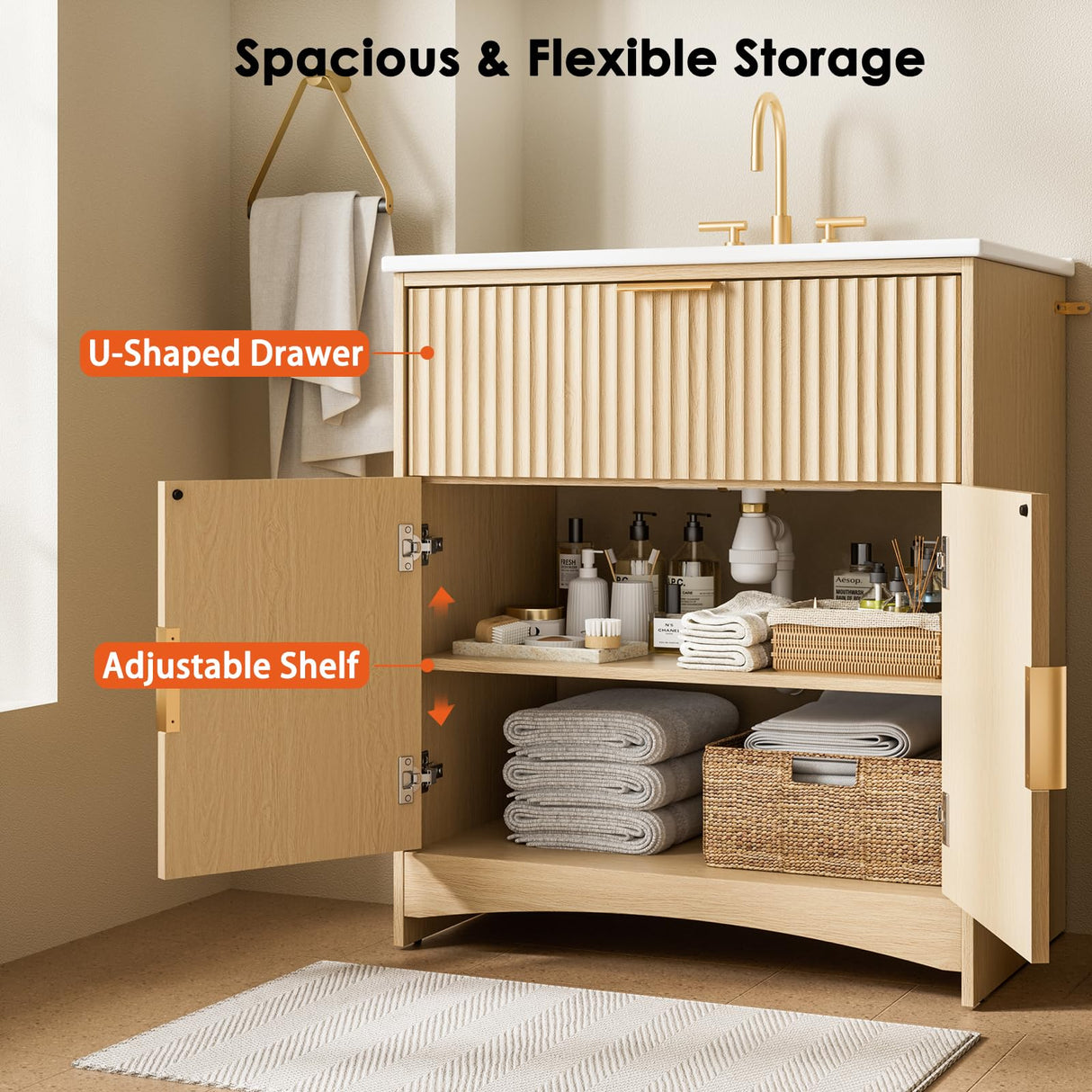 Amada 30″ Bathroom Vanity with Ceramic Sink, Modern Undermount Vanity Sink Cabinet with 2 Doors and 1 Drawer, Fluted Free Standing Bathroom Storage Cabinet with Sink Combo Set, Natural Oak AMADA HOMEFURNISHING