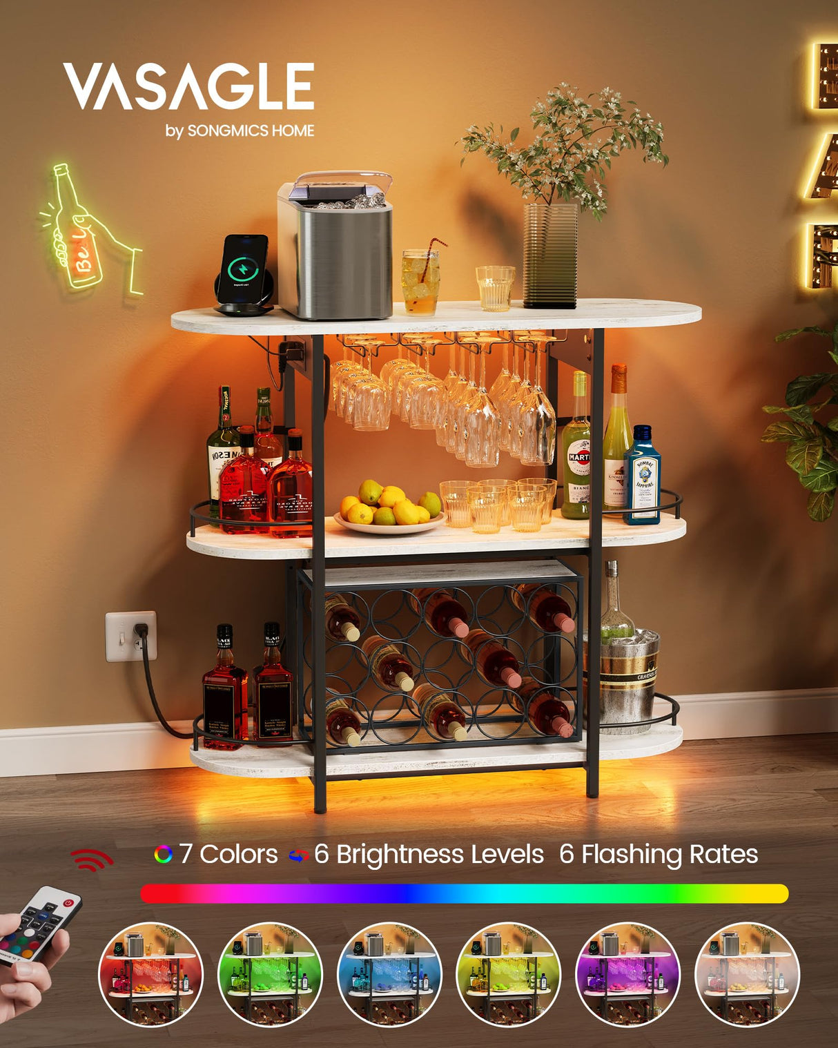 VASAGLE Bar Cabinets for Home, LED Coffee Bar with Power Outlets, Home Mini Bar for Liquor, Freestanding Wine Rack with Glass Holder, Kitchen, Dining Room, Rustic White ULWR007W01 VASAGLE