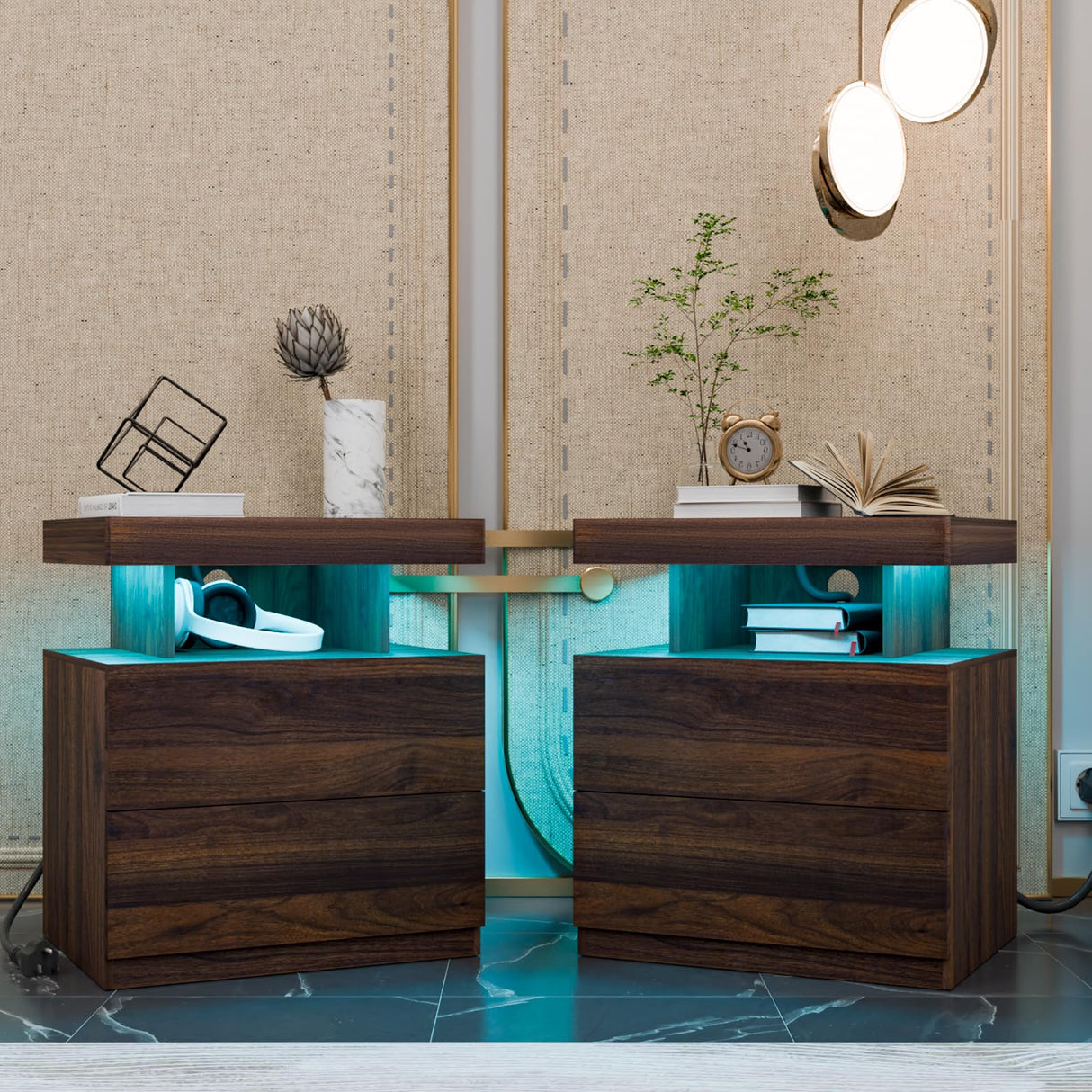 HOMMPA Set of 2 Rustic Nightstand with Wireless Charging Station LED Bedside Table with 2 Drawers End Table with Open Shelf Smart Nightstand Night Stand with Led Light for Bedroom Dark Walnut Wood HOMMPA