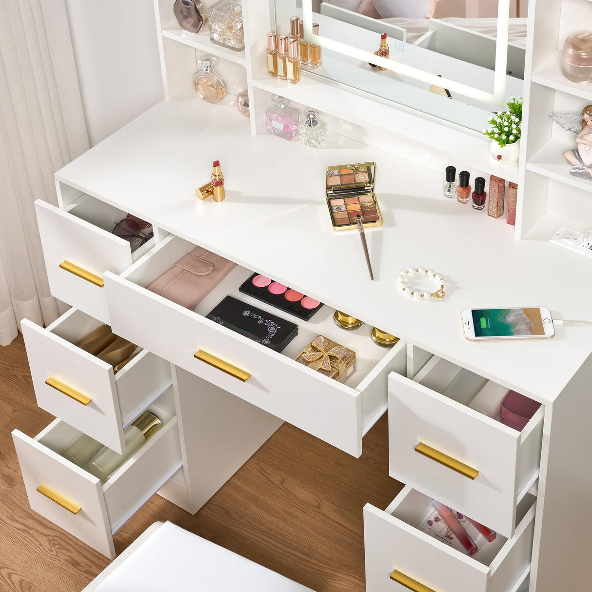 ANWBROAD Vanity Desk Table with Lighted Mirror and Lights Makeup Vanity Desk 39.4“ with Power Outlet 3 Colors Lighting Adjustable Brightness Vanity Table for Bedroom Dressing Room (White + 7 Drawers) ANWBROAD