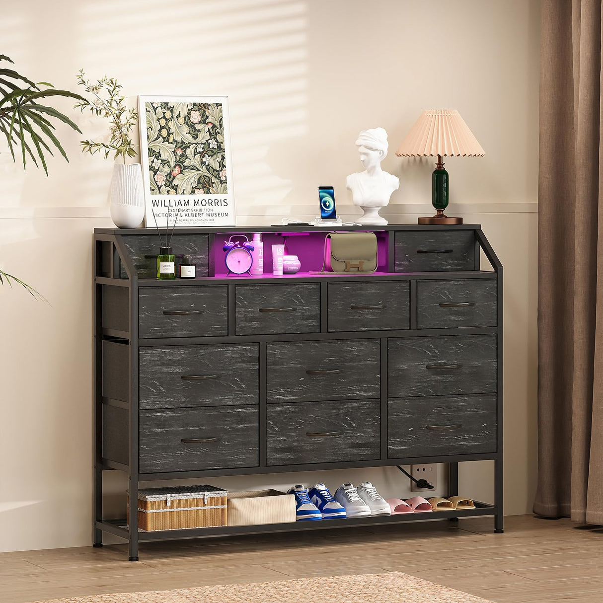Welfuturer Dresser for Bedroom with 12 Drawers Black Dressers with Charging Station and LED Light 50 inch TV Stand Chest of Drawers with Shoe Rack and Open Shelf for Living Room Entryway Halfway Welfuturer