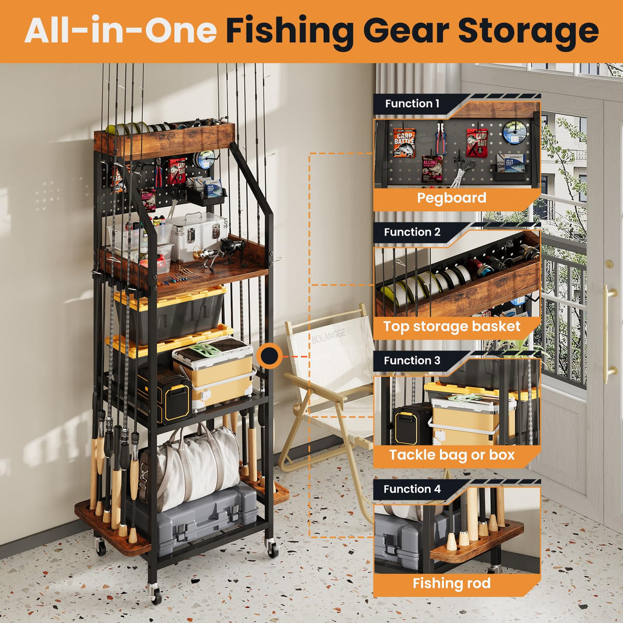 KITIVIALA Fishing Rod Holder for Garage with Hooks & Pegboard, 3-Tier Fishing Pole Rack Holds 12 Rods, Rolling Fishing Rod Storage Organizer with Wooden Tool Box, Fishing Tackle Shelf for Anglers KITIVIALA
