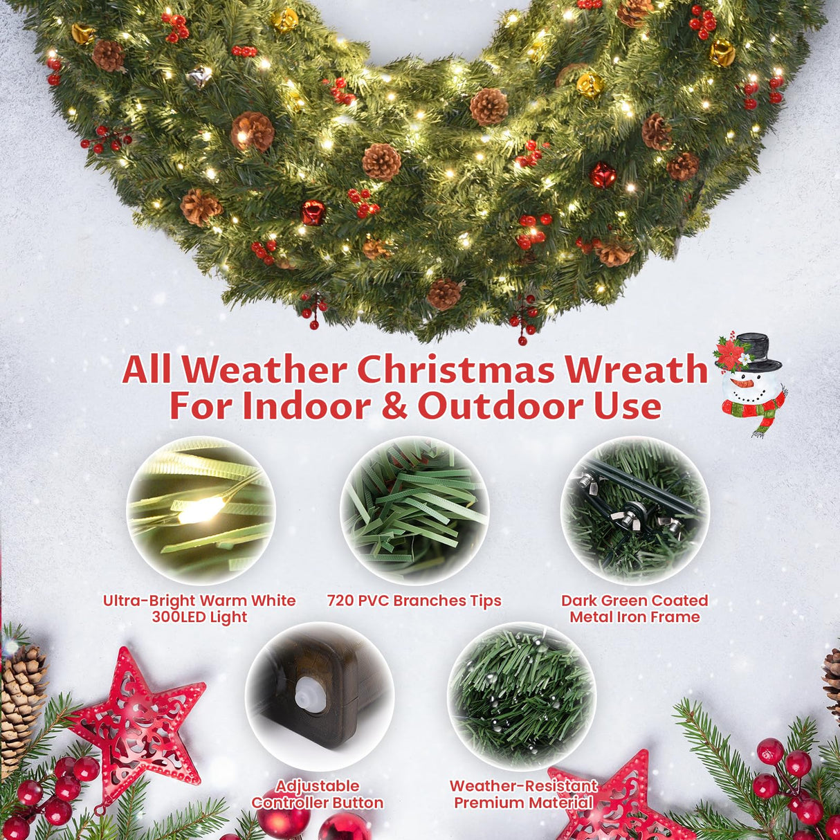 48inch Large Christmas Wreath - Outdoor Christmas Wreath with 300 Lights and Timer Remote Control, Red Bows, Jingle Bells, Pine Cones, Berry Clusters - 720 PVC Tips Artificial Pre Lit Xmas Wreaths Vuskly