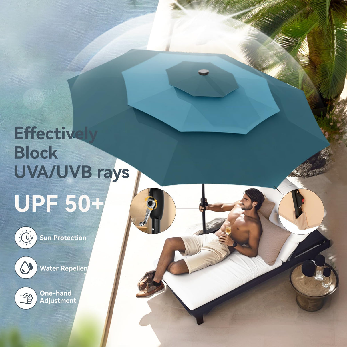 PHI VILLA 10ft Patio Umbrella with Solar Lights, Outdoor 3 Tier Vented Large Market Table Umbrella with 8 Sturdy Ribs and 1.5" Umbrellla Pole for Lawn Poolside Garden Terrace, Peacock Blue & Cerulean PHI VILLA