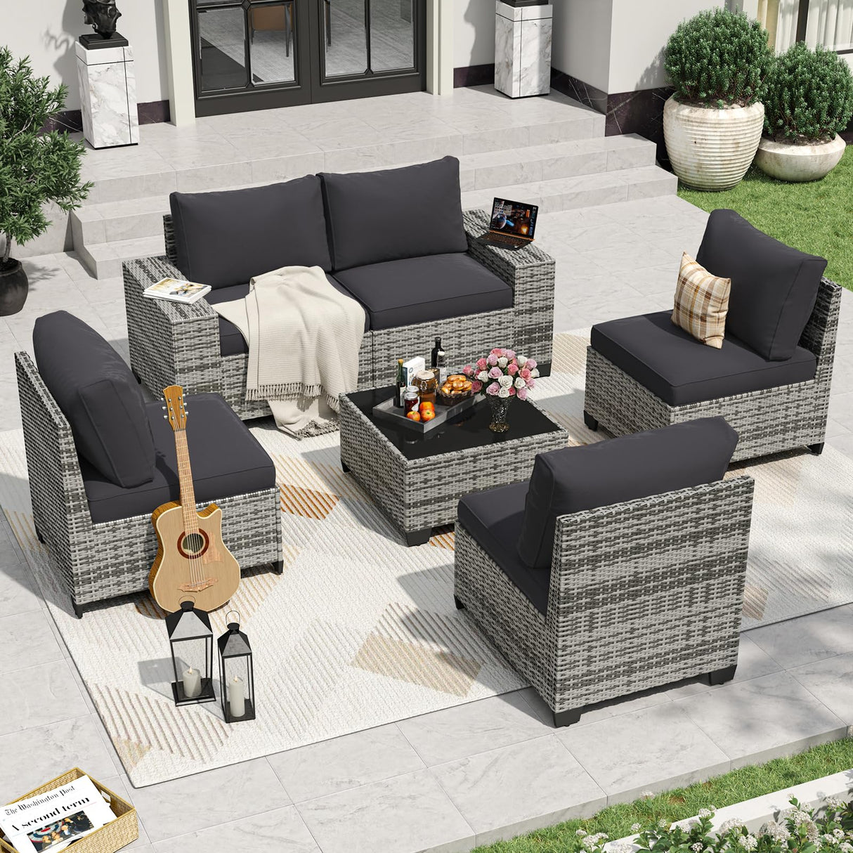 Aoxun 6 Pieces Patio Furniture Set Wicker Rattan Outdoor Sectional Conversation Set with Coffee Table and 4” Thickened Cushions, Gray Black (Waterproof Cover Included) Aoxun