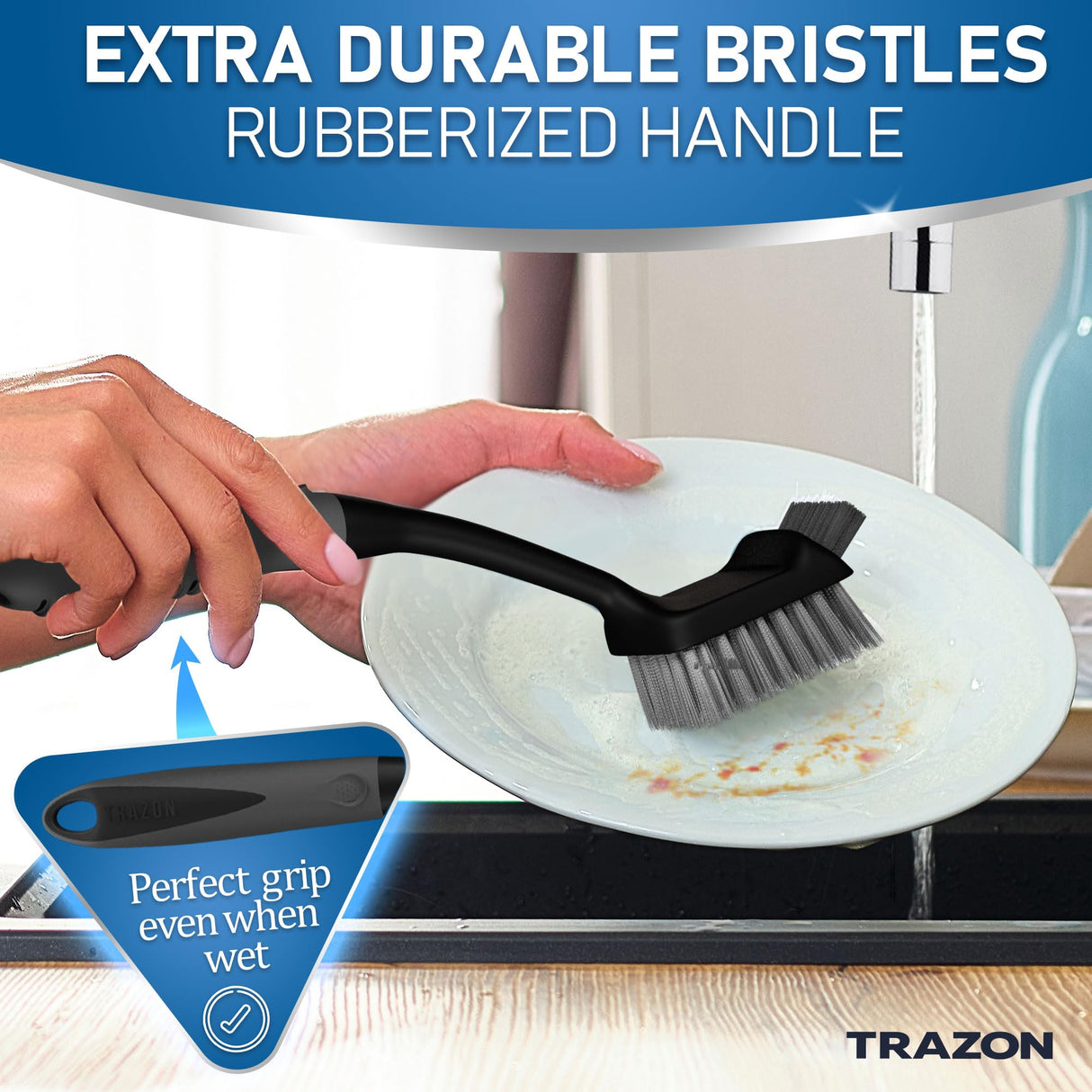 Dish Brush Set of 5 with Convenient Holder, Bottle Water Brush, Dish Scrub Brush, Scrubber Brush and Straw Brush - Kitchen Scrub Brushes Non Slip Long Handle for Sink Dishes Cup Pot Trazon