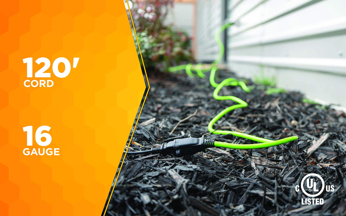 Yard Master Outdoor Extension Cord, 120 Foot Light Duty, Water Resistant, Flexible, 16 Gauge 2 Prong, Lime Green, 9940010 Yard Master