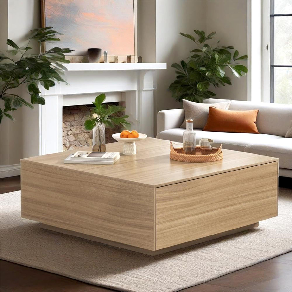 chartustriable 43” Square Coffee Table with Storage, 43" D x 43" W x 17" H Modern Large Square Center Table with 2 Drawers, Wood Coffee Table for Living Room, Light Brown,Bedroom,Light Brown chartustriable