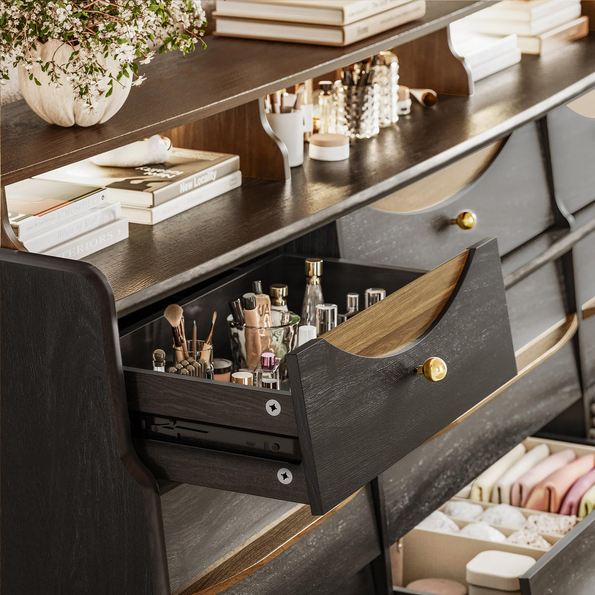 63" W 9-Drawer Black Dresser for Bedroom, Modern Wood Chest of Drawers w/LED Light, Round Knobs & Solid Wood Handles, Long Wooden Dresser TV Stand w/Shelf for TVs up to 75", Curved Profile Design STO'SENSE