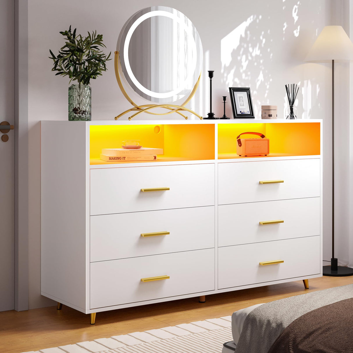 EnHomee Dresser, Dresser for Bedroom, White Dresser with LED, Wood Dressers & Chests of Drawers, 6 Drawers Dresser for Bedroom, Dresser Wood, Large Dressers Bedroom Furniture EnHomee