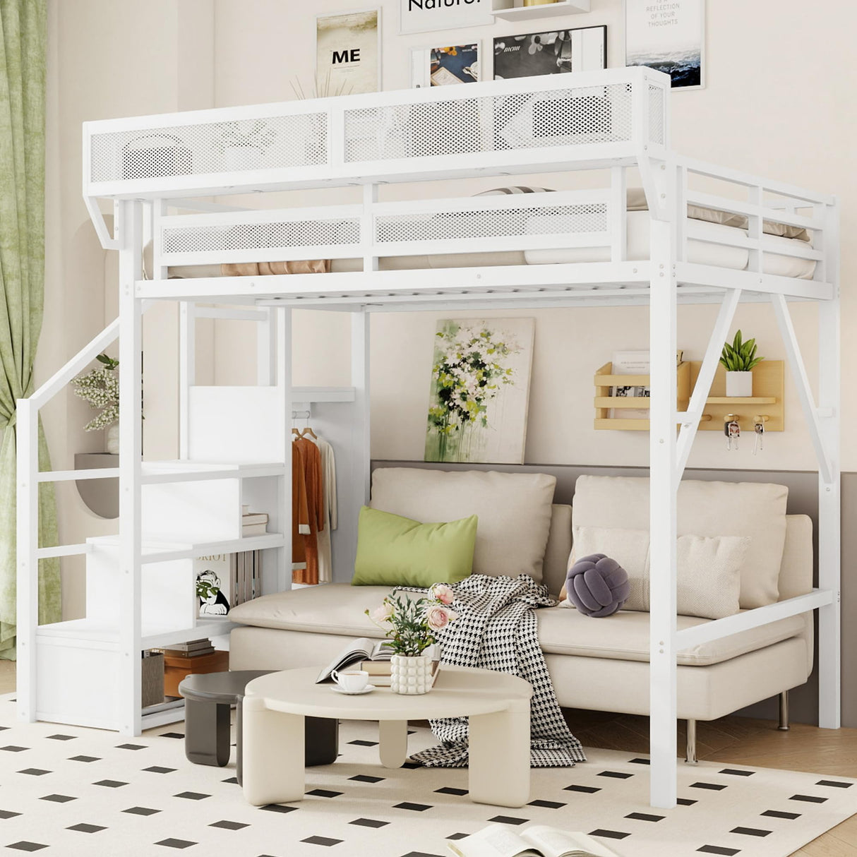 Mirightone Full Size Loft Bed with Stairs, Metal Loft Beds, High Loft Bed Frame with Storage Shelves, Lofted Full Bed with Wardrobe for Kids and Teens, No Box Spring Needed (White) Mirightone