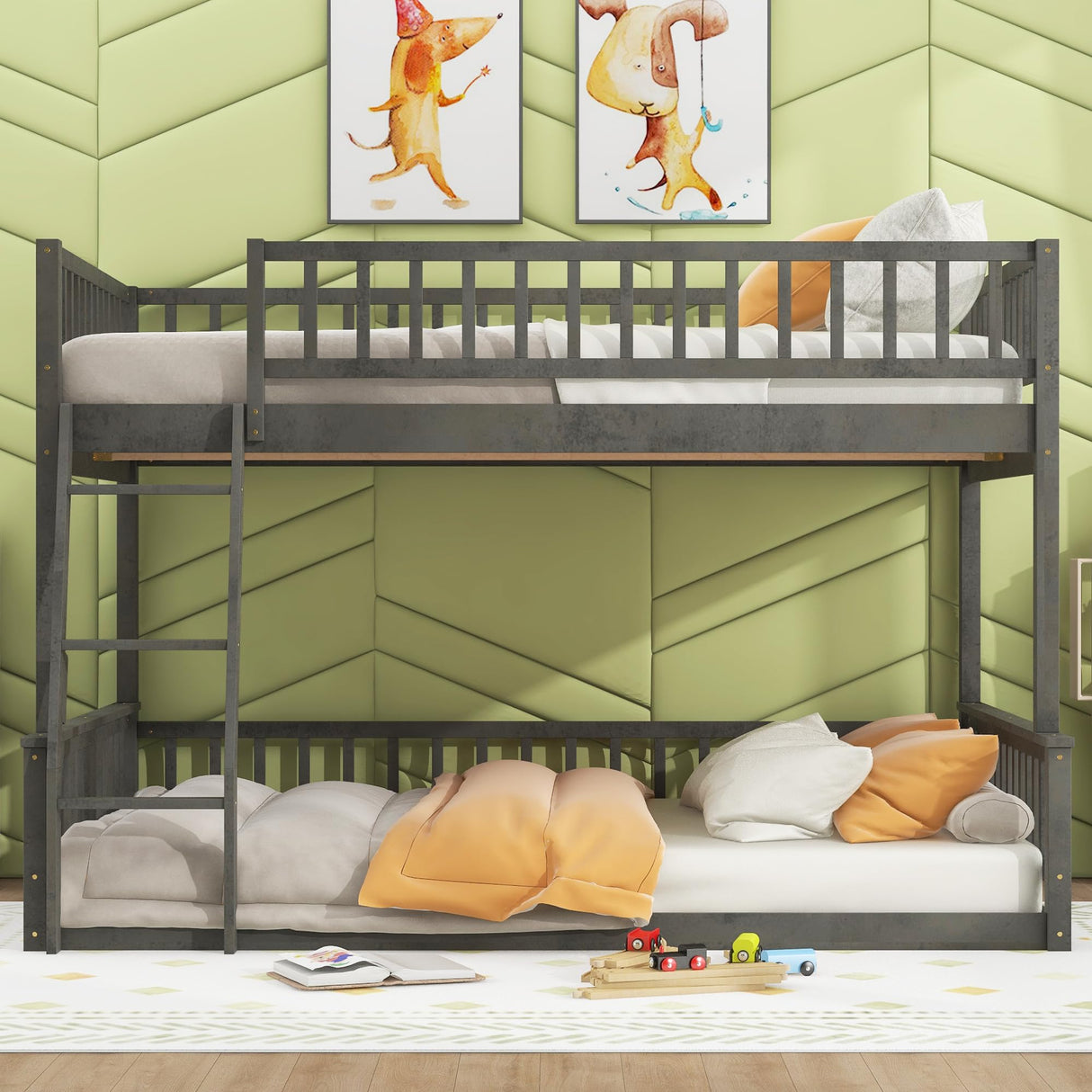 SOFTSEA Full XL Over Queen Bunk Bed, Wood Floor Bunk Bed with Safety Guardrails & Wide Ladder for Kids Teens Adults, Detachable Bunk Bed into 2 Beds, Grey SOFTSEA