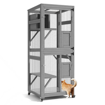 TIMHAKA Catio Outdoor Cat Enclosure, 4 Tier Indoor Catio with 4 Wheels, Platforms and Resting Box, Cat Cage with Waterproof Roof, Feral Animal Shelter with Removable Bottom and Easy Clean PVC Layer