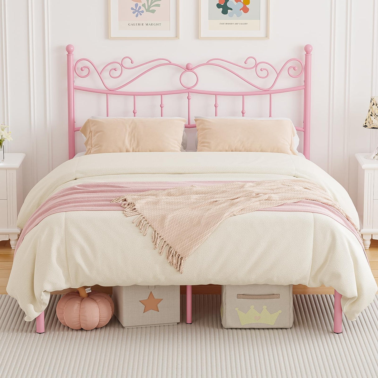 Merronix Full Size Bed Frame with Headboard, Elegant Metal Bed Frame Full for Girls, Modern Kids Full Bed Frame No Box Spring Needed, 11.2 Inches Height Clearance - Pink Merronix