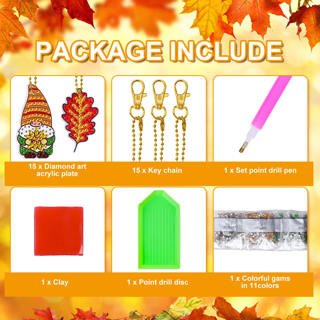 Whaline 15Pcs Fall Diamond Drawing Keychain Kit Autumn Gnome Animal Plants Fall 5D DIY Diamond Art Ornaments Rhinestone Mosaic Making Full Drill Diamond Key Chain for Kids Crafts Gifts Party Supplies Whaline