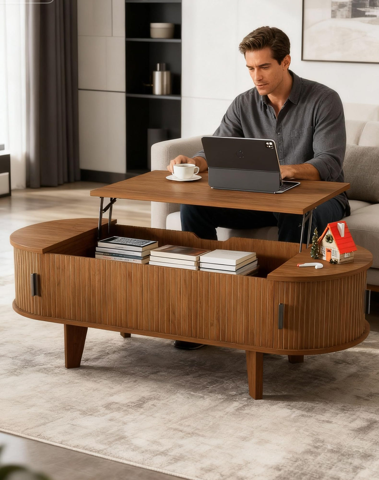 Pulsyeen Oval Coffee Table with Storage, 47.2" Fluted Lift Top Coffee Table with 180° Sliding Tambour Door, Mid Century Modern Center Table for Living Room, Office, Cafe, Walnut Pulsyeen