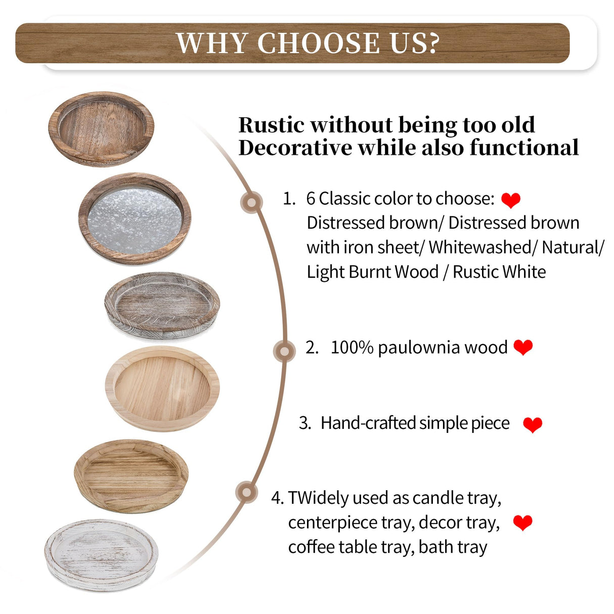 Hanobe Rustic Wooden Serving Tray: Round Wood Decorative Tray Rustic White Centerpiece Candle Holder Trays Farmhouse Ottoman Tray for Decor Kitchen Counter Home Decor for Coffee Table Hanobe