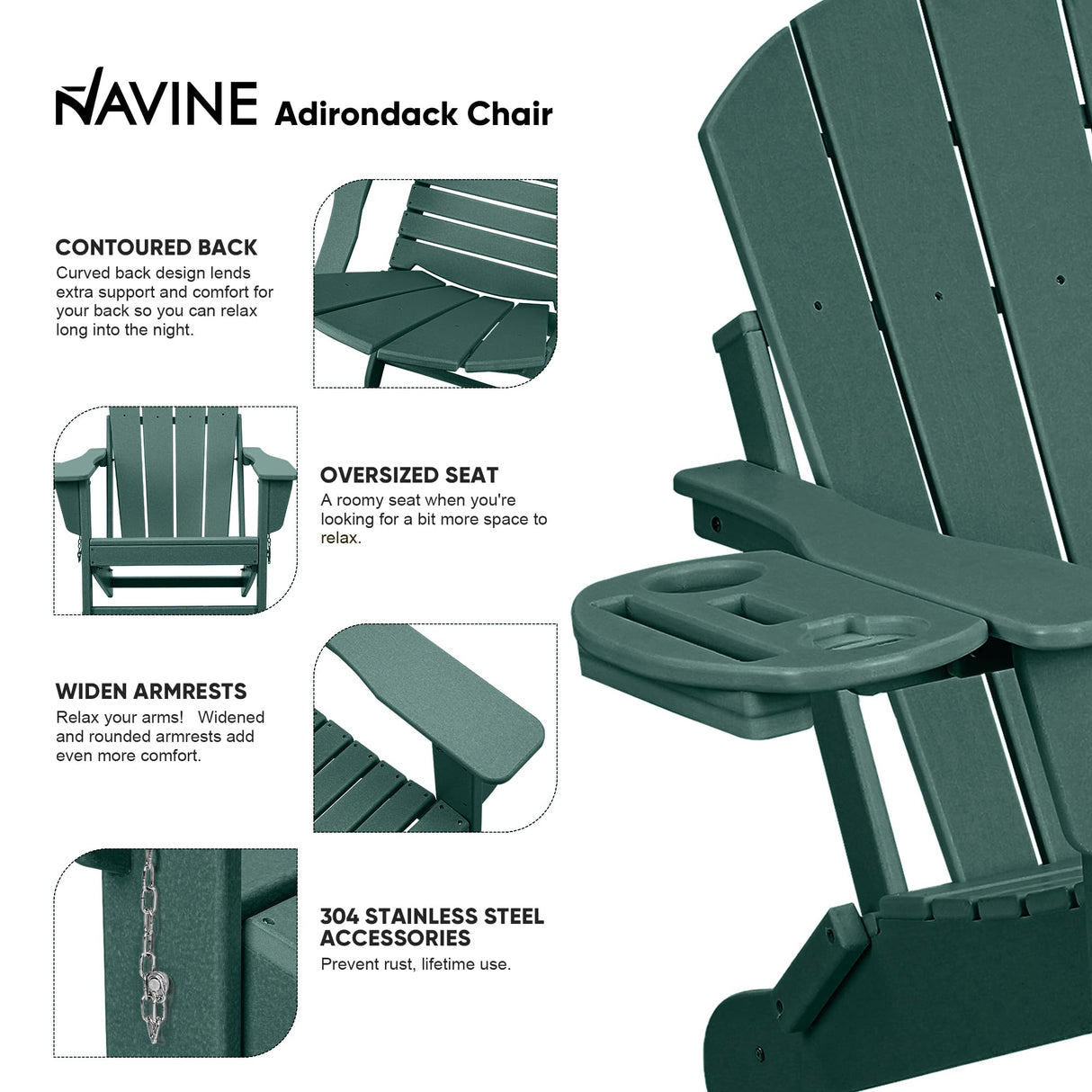 NAVINE Adirondack Chair Set of 4, HDPE Folding Adirondack Chair with Multifunctional Cup Holder, Weather Resistant Fire Pit Chair for porches, patios, poolsides, Decks. NAVINE