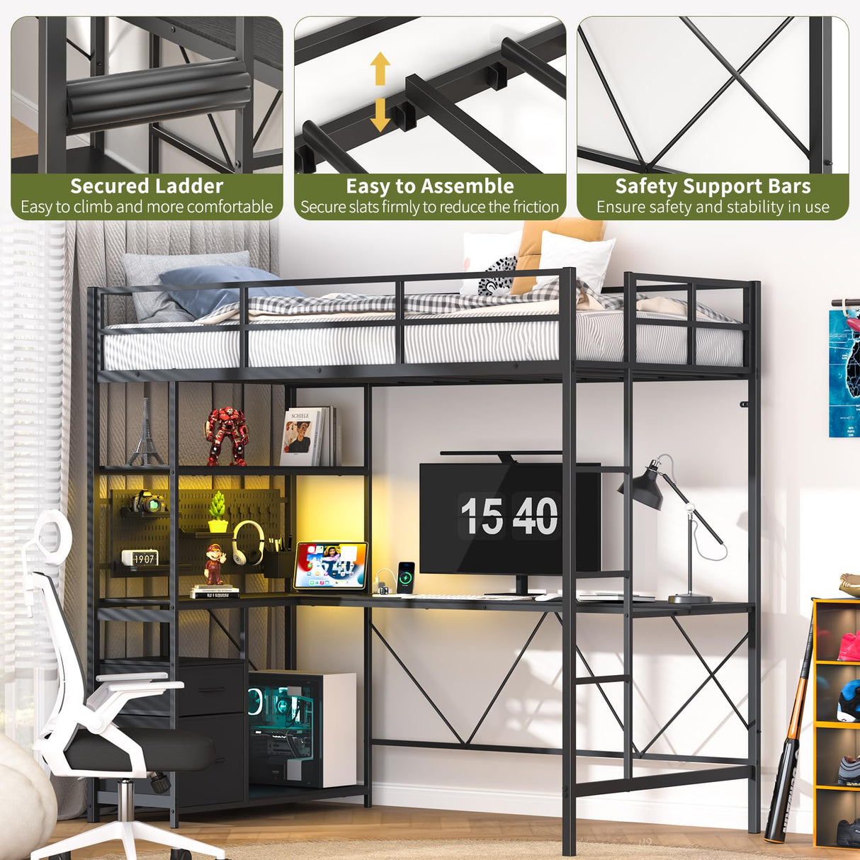 Yoobure Loft Bed Twin Size with L-Shaped Desk, LED Lights Charging Station LED Metal Twin Loft Bed Frame with 2 Storage Drawers, Safety Guard & Ladder for Kid Junior Adult, Heavy Duty, Space-Saving Yoobure