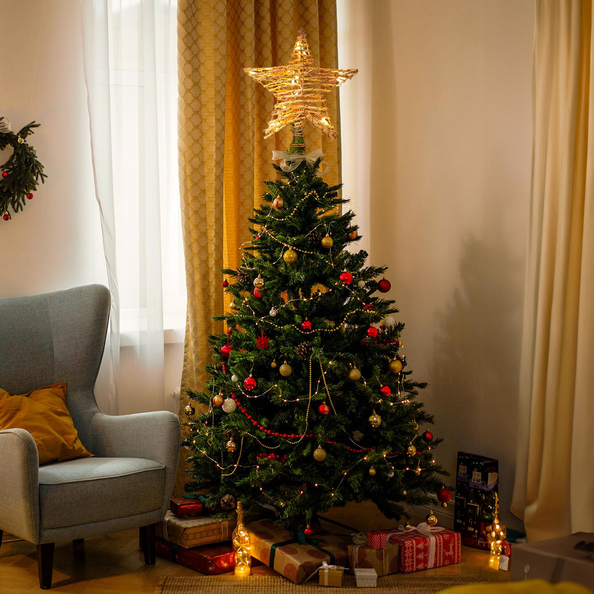 Christmas Star Tree Topper, Plug in 12" Rattan 3D Star Tree Topper, Rustic Rattan Natural Star, Built-in 10-Bulb String Lights for Christmas Tree Decoration New Year Holiday Home Office Indoor Brightown