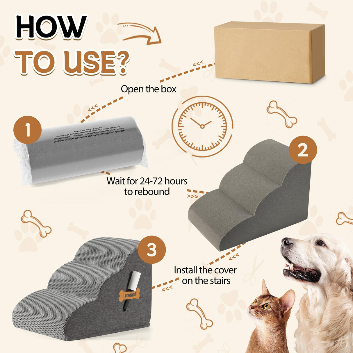 Romrol Dog Stairs Ramp for Beds Couches, Extra Wide Pet Steps with Durable Non-Slip Waterproof Fabric Cover, Dog Slope Stairs for Small Dogs and Cats or Pets Friendly, 3-Tiers ROMROL