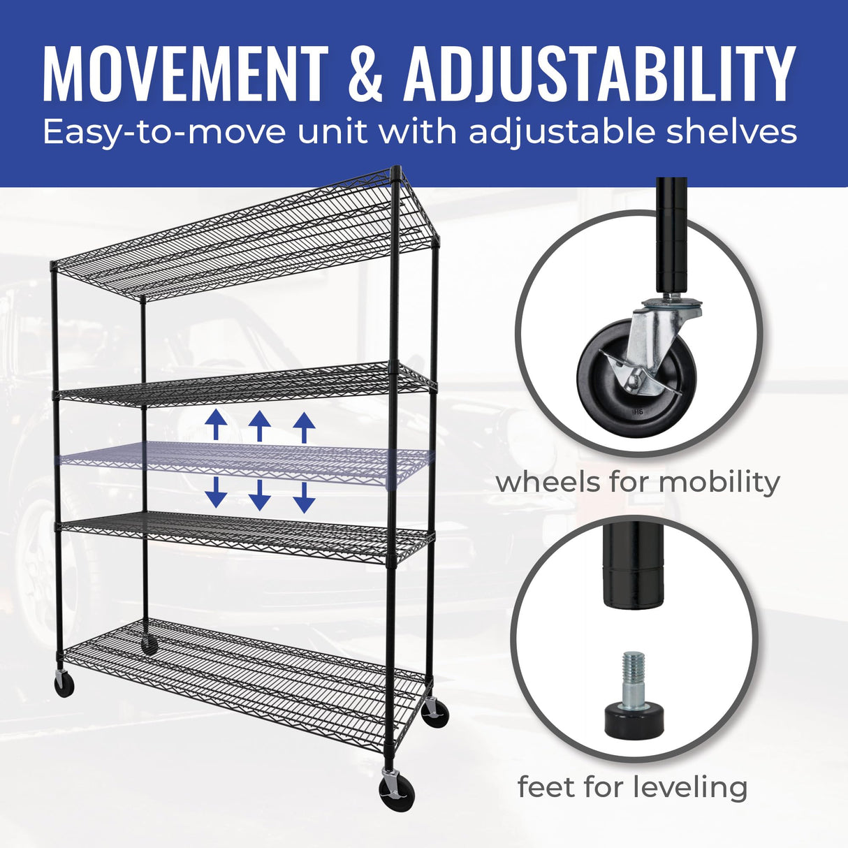 Heavy-Duty Black Steel Wire Shelving Unit with Wheels - 4-Tier NSF Certified Storage Rack (24"x60"x72") SafeRacks