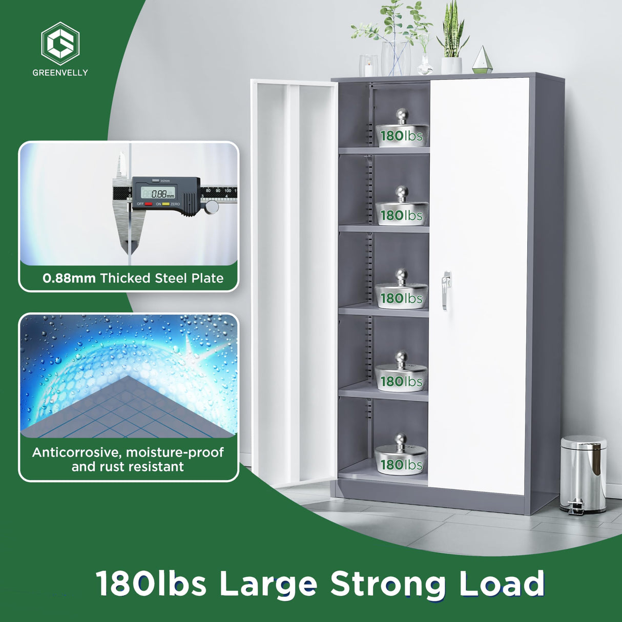 Greenvelly Metal Garage Storage Cabinet, 72”Locking Steel Storage Cabinet with 2 Doors and 4 Adjustable Shelves, Metal Tool Cabinets, Metal File Cabinet with Lock for Home Office, School(Gray White) Greenvelly