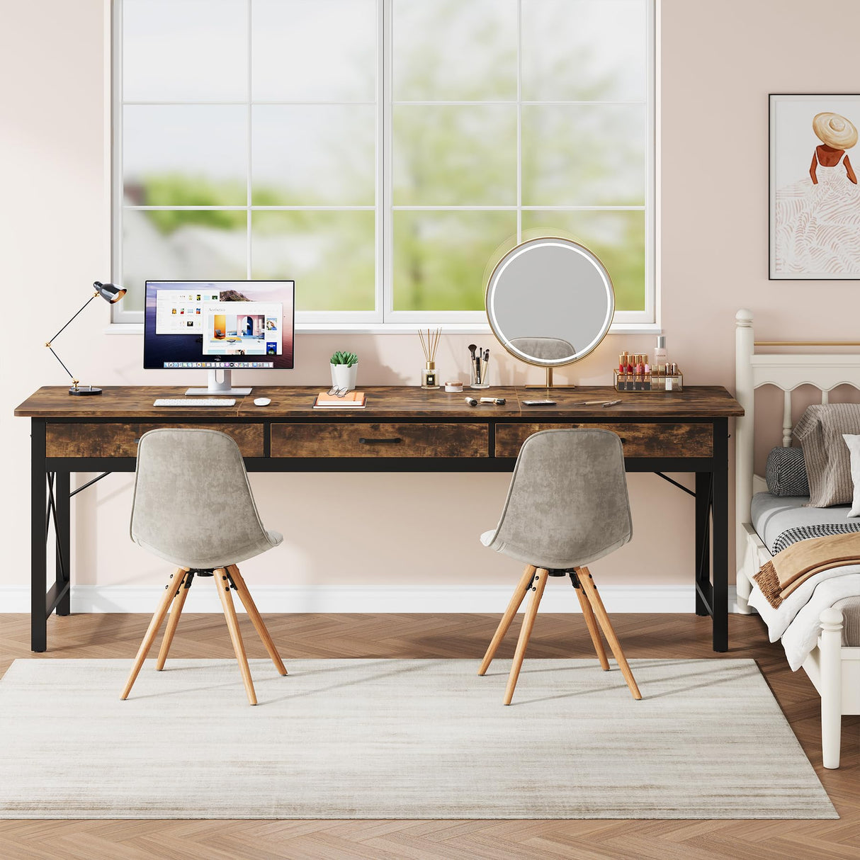 Condemo 78.7 inch Extra Long Computer Desk, Two Person Desk with 3 Drawers, Double Desk with Hooks, Industrial Writing Study Table Workstation for Home Office, Rustic Brown and Black Condemo