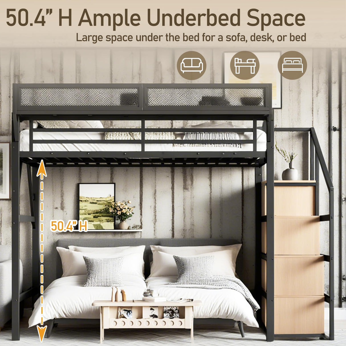 Bellemave Loft Bed Full Size with Storage Stairs, Beside Shelf & Wardrobe, Metal Full Size Loft Bed with USB Ports & LED Light, Large Under-Bed Space Loft Beds for Adults, Teens, Kids, Black Natural Bellemave