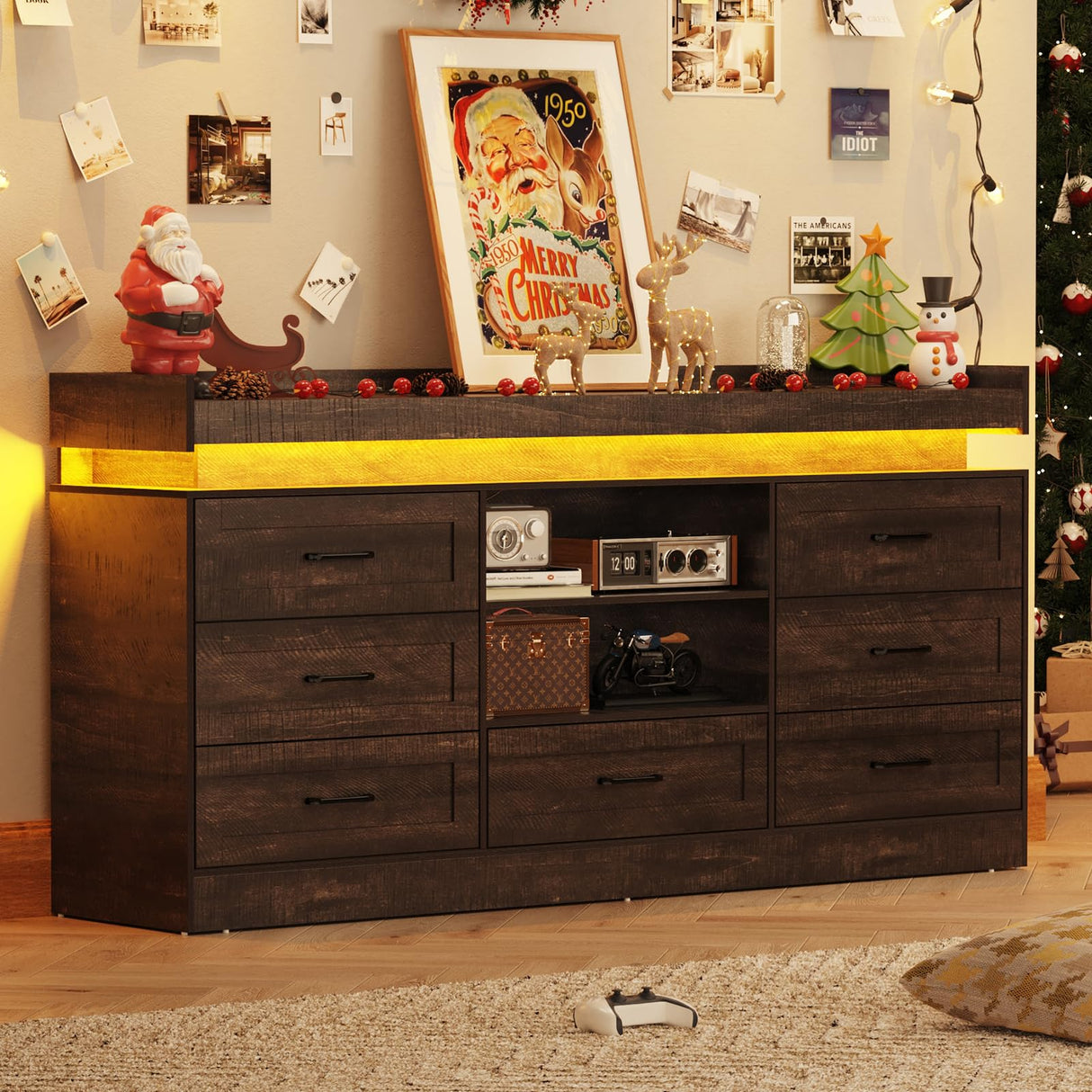 70" Large Farmhouse 7 Drawers Dresser for Bedroom with LED Light and Power Outlets + 2 Open Storage Shelves,Wide 7 Chests of Drawers for Closet,Storage Dressers Organizer for Bedroom(Antique Brown) Hlivelood