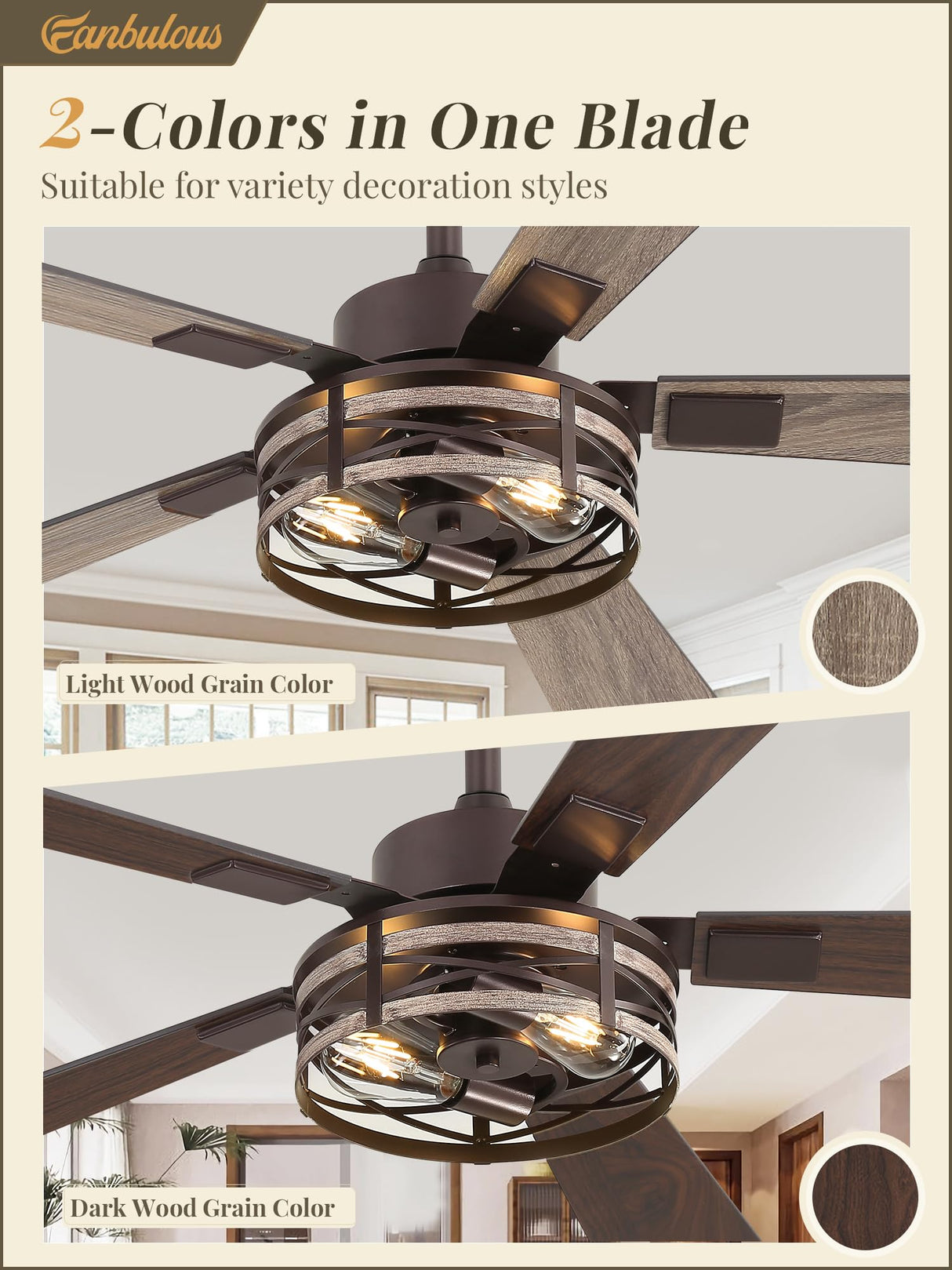 Farmhouse Ceiling Fans with Light, 48 Inch Bedroom Ceiling Fan with Lights, 6-Speed Adjustable, Quiet and Reversible DC Motor, 5 Dual Finish Blades, Rustic Caged Ceiling Fan,Oil Bronze Fanbulous