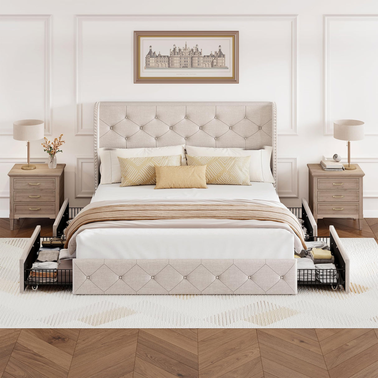 BRELTAM Full Size Bed Frame with Storage Drawers and Wingback Headboard Linen Upholstered Platform Bed Frame Tufted Beds with Heavy Duty Wood Slats, Noise Free, Easy Assembly, Beige BRELTAM