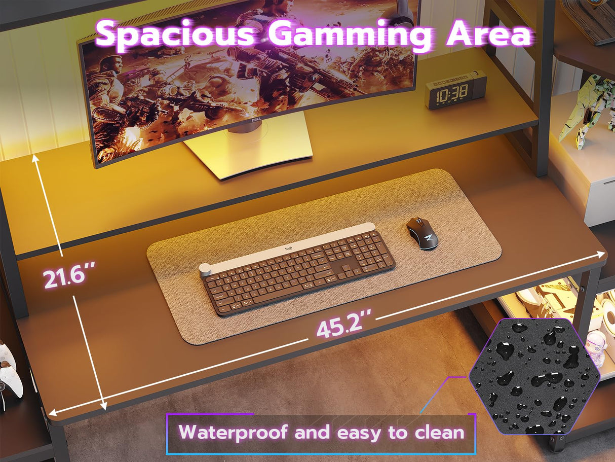 SEDETA Gaming Desk 65.7'' with LED Lights, Hutch and Storage Shelves, Computer Desk with Monitor Stand, Large PC Gamer Desk Workstation, Ergonomic Gaming Table for Bedroom, Living Room, Black SEDETA