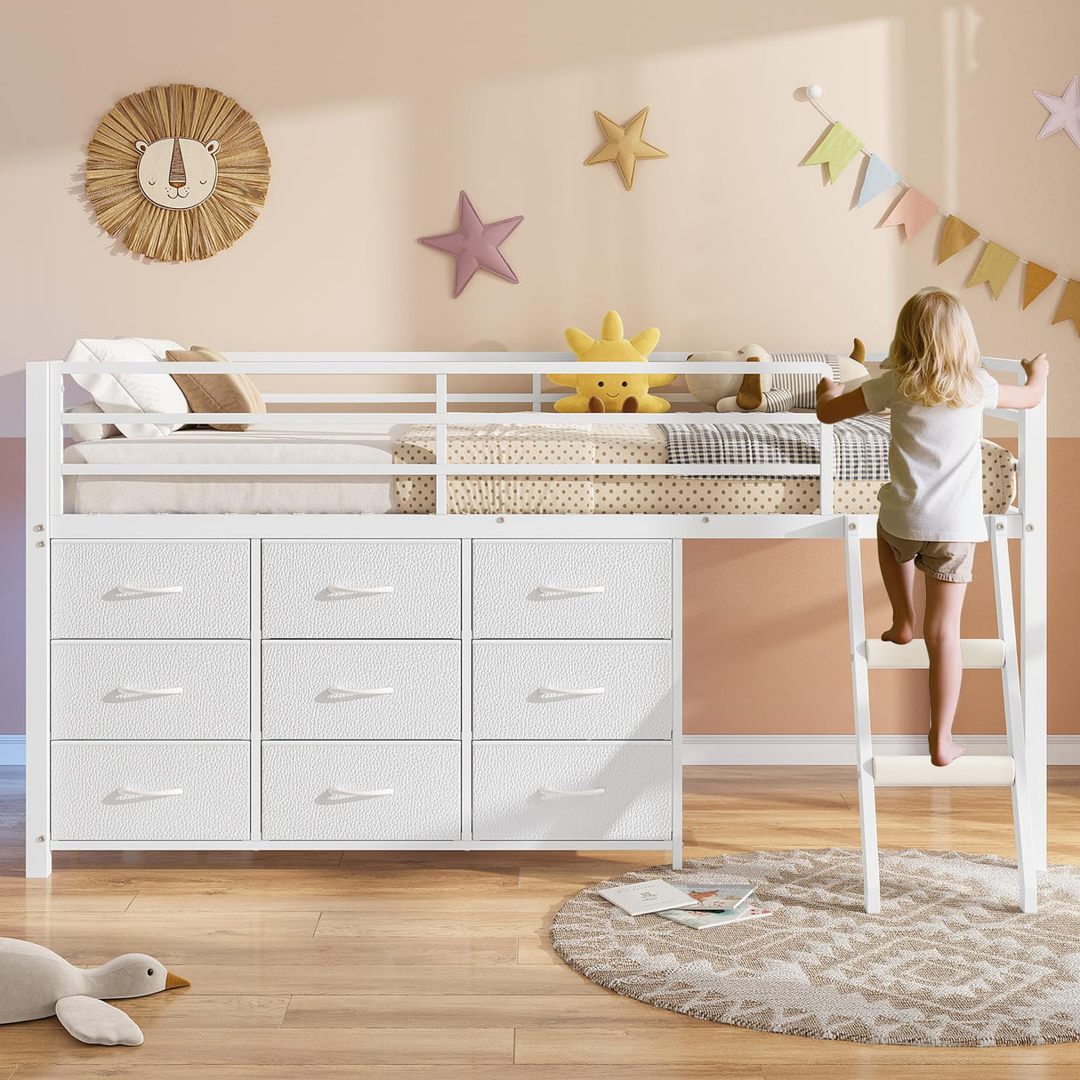 BTHFST Twin Loft Bed for Kids, Low Loft Bed Twin Size with 9 Storage Dresser, LED Lights, 2 Storage Shelves & Stairs, Metal White Bed with Safety Guardrail for Young Teens, Space Saving, White BTHFST