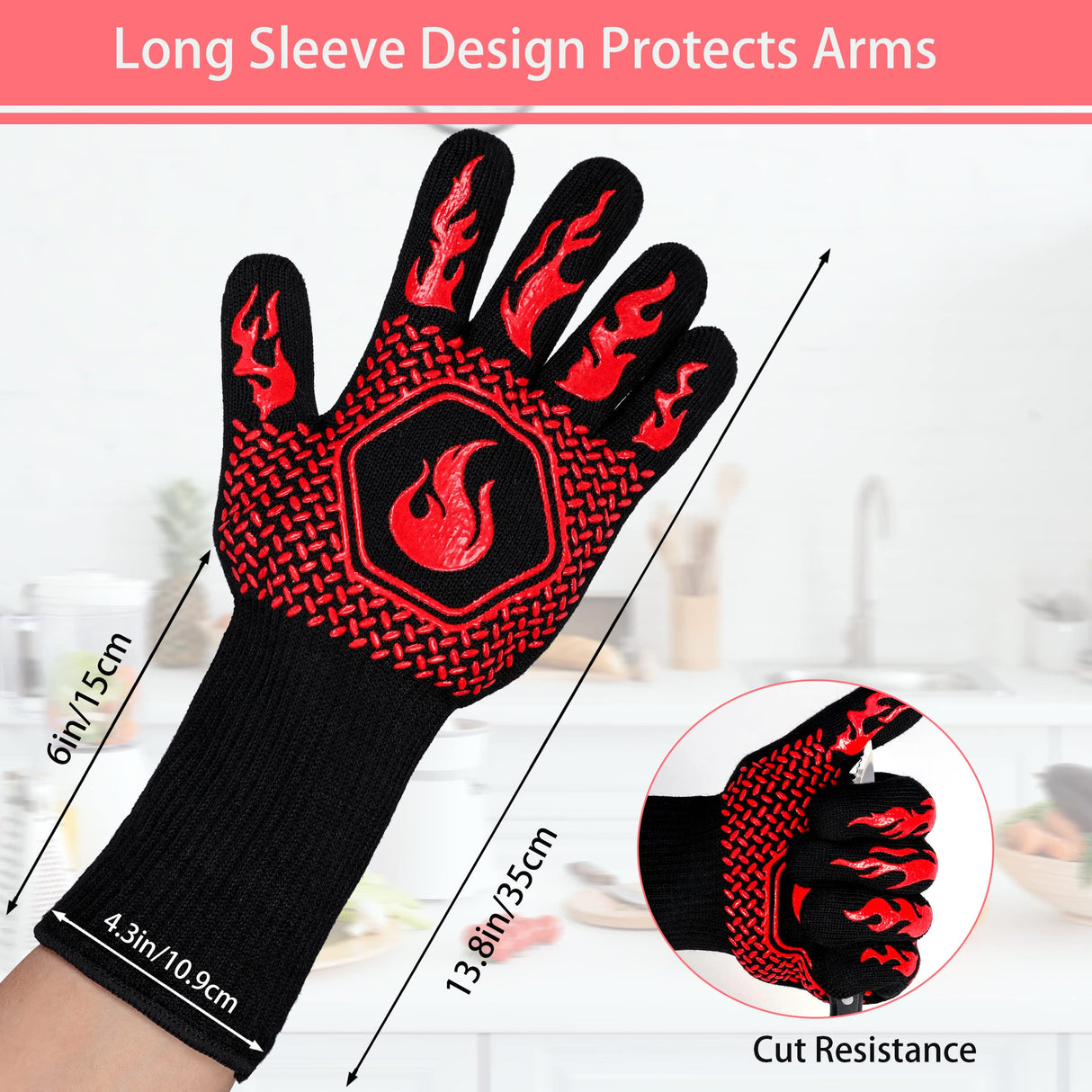BBQ Fireproof Gloves, Grill Cut-Resistant Gloves 1472°F Heat Resistant Gloves, Non-Slip Silicone Oven Gloves, Kitchen Safe Cooking Gloves for Oven Mitts,Barbecue,Cooking, Frying,13.5 Inch-Red DKHDBD