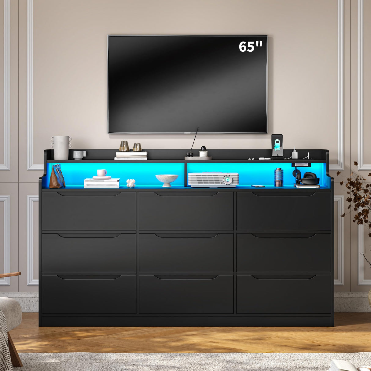 DurayLoly Modern Dresser for Bedroom with LED Light, 9 Drawer Black Dresser with Charging, Wooden Chest of Drawers, Large TV Stand for Bedroom DurayLoly